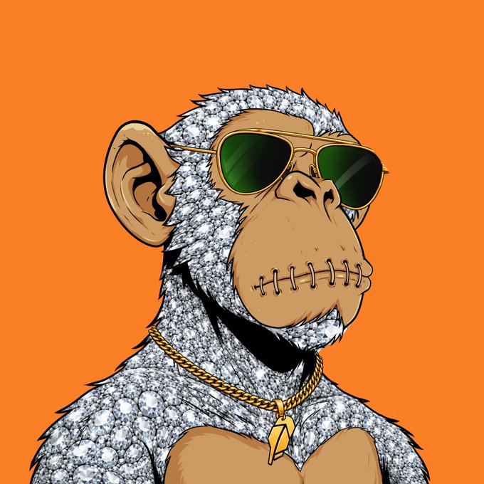 An illustration of a cartoon monkey character wearing green-tinted sunglasses, a diamond-encrusted fur coat, a gold chain necklace with a pendant, and a stitched scar across its mouth against an orange background.