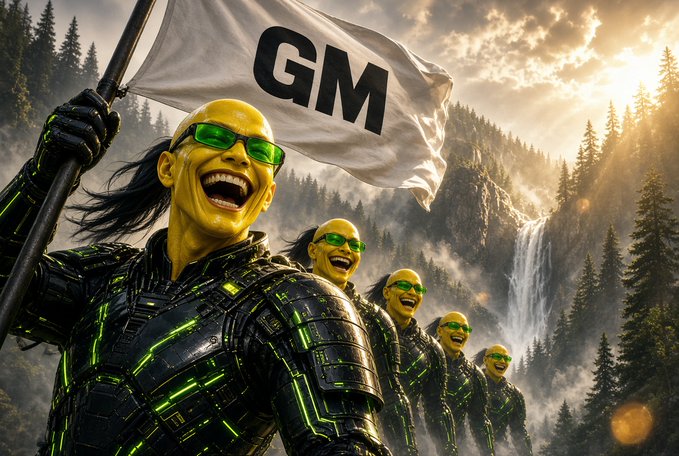 A group of identical figures with green-tinted skin and green sunglasses, wearing dark armor with glowing green circuitry, smile and raise a white flag displaying 'GM' against a mountainous backdrop.