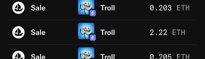 The image shows three NFT sale listings for "Troll" items priced at 0.203 ETH, 2.22 ETH, and 0.205 ETH, highlighting the notable outlier purchase at 2.22 ETH that the post references as a potential insider buy or strategic move by the Troll team.