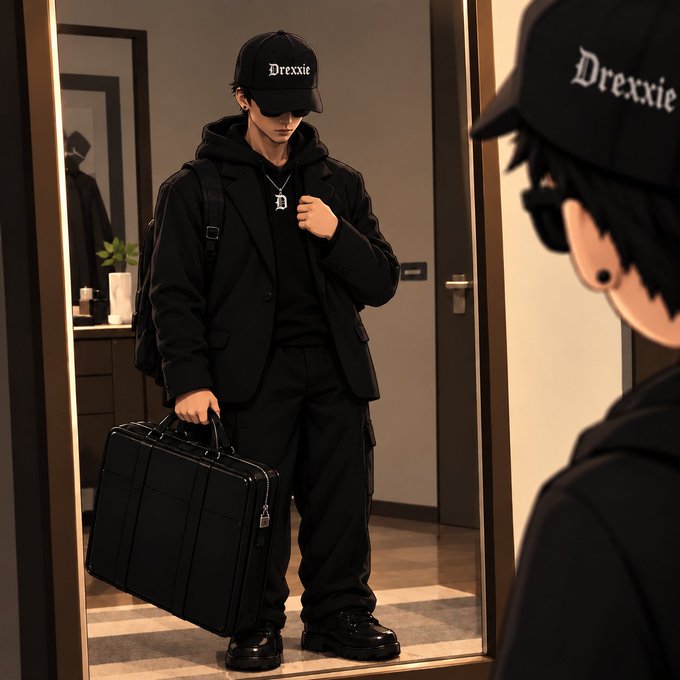 An anime-style illustration of a young man wearing a black cap with 'Drexxie' written on it, a black hoodie, blazer, and pants, holding a black briefcase while looking at his reflection in a mirror.