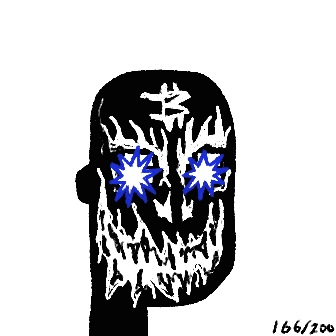 A black and white horror-style illustration of a skull-faced figure with glowing blue eyes, numbered '166/200' in the bottom right corner.