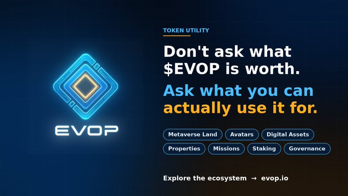 The image shows a digital graphic for $EVOP token utility, with text reading "Don't ask what $EVOP is worth. Ask what you can actually use it for," listing categories like Metaverse Land, Avatars, Digital Assets, Properties, Missions, Staking, and Governance, directing viewers to evop.io.