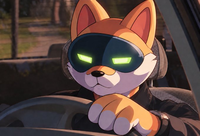 An anime-style illustration of an orange and white cat wearing large black goggles with glowing green rectangular visors, sitting in the driver's seat of a vehicle with its paw on the steering wheel.