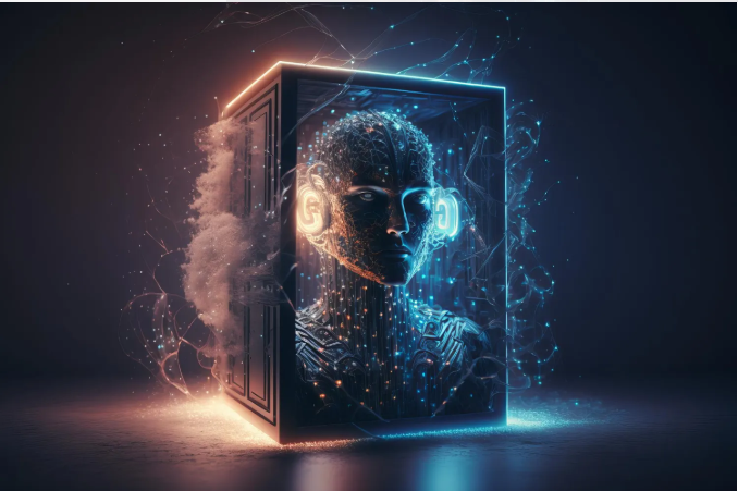 A digital artwork of a glowing humanoid face inside a transparent cube, surrounded by orange smoke and blue particle effects.