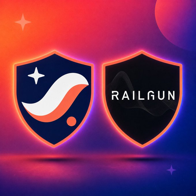 Cryptocurrency graphic featuring two shield logos: the StarLink (STL) shield on the left and the RAILGUN shield on the right, displayed against a vibrant red and purple gradient background.
