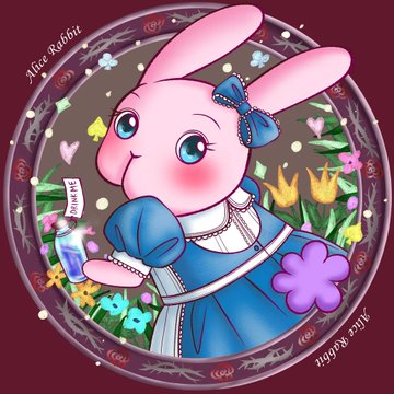 An illustration of a pink rabbit character wearing a blue dress and bow, surrounded by flowers, with the text 'Alice Rabbit' visible on the border.