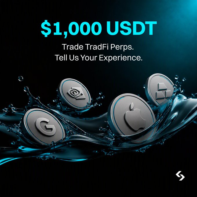 The image is a promotional graphic offering a $1,000 USDT reward with the text "Trade TradFi Perps. Tell Us Your Experience," featuring silver coins representing Google, Apple, oil, and gold splashing in water against a dark background. The campaign encourages users to share their trading experiences with Bitget TradFi Perps on AI stocks, gold, and oil to win a share of the prize pool.