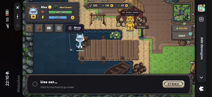 A pixel art fishing game showing a character named 'Alex' fishing at a wooden dock, with a quest prompt reading 'Line out... Wait for the float to go under.' and a 'STRIKE' button visible.