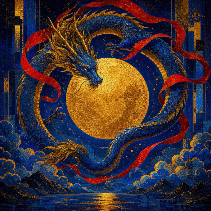 A stylized artwork depicts a blue and gold serpentine dragon coiled around a large golden moon, surrounded by flowing red ribbons against a deep blue background.