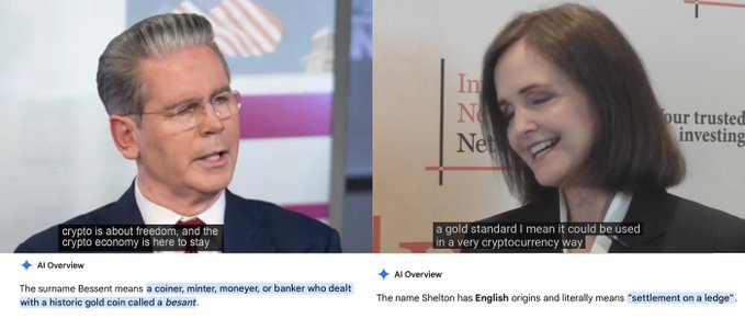 Treasury Secretary Scott Bessent (left) appears on a broadcast about the crypto economy alongside his Counselor Judy Shelton (right), both figures connected to a post noting Bessent's surname derives from a Byzantine gold coin "besant" and Shelton's advocacy for a gold standard "in a very cryptocurrency way."
