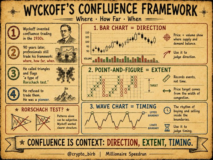 An infographic titled "Wyckoff's Confluence Framework" outlines the trading methodology developed in the 1930s, featuring a portrait of Wyckoff and explaining how bar charts indicate direction, point-and-figure charts measure extent, and wave charts provide timing to achieve confluence in trading decisions.