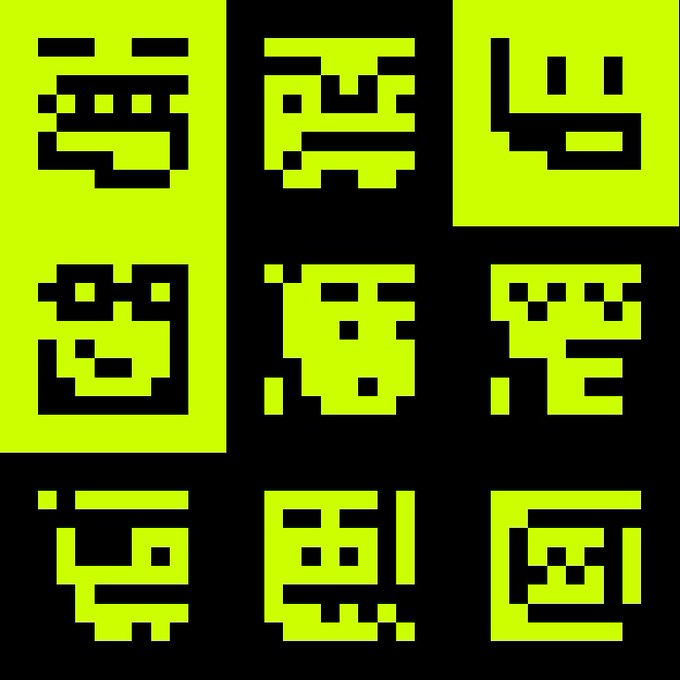 Nine pixel art characters arranged in a grid, rendered in a high-contrast yellow and black color scheme.