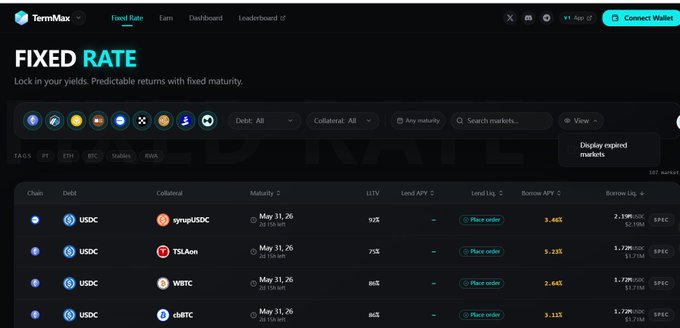 The image shows a screenshot of a computer screen displaying an online trading platform for fixed rate investments such as cryptocurrency, including Bitcoin (BTC). The screen showcases various information related to these fixed rate investments like their status and associated fees. Some of the cryptocurrencies featured include Bitcoin and Etherum. There is no specific text in the image about termmax or fixed rate rate itself, but it is clear that the platform offers investors an opportunity to explore the cryptocurrency market as a potential investment option.