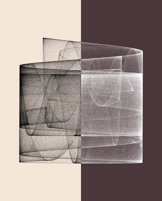 An abstract, translucent 3D rendering of overlapping geometric layers on a split beige and dark purple background.