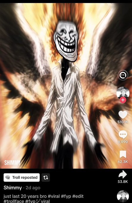 The image features a cartoon character with wings, dressed in a white shirt and black pants, standing against an orange background. The character has a large smile on their face and appears to be laughing or making a funny face. The caption of the image includes information about the character's age, the number of views it has received, and a reference to a post about the character being an iconic meme.