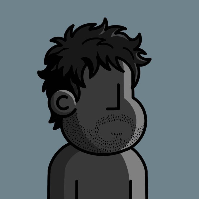 A grayscale cartoon illustration portrays a bearded man with messy hair, closed eyes, and a copyright symbol "©" for an ear, set against a solid blue background.