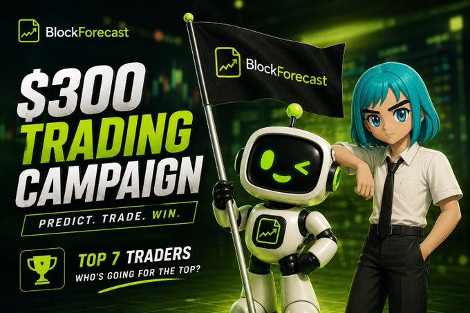 A promotional graphic for BlockForecast's "$300 Trading Campaign" featuring an anime-style character alongside a robot holding a branded flag, with text announcing "PREDICT. TRADE. WIN." and noting that the "TOP 7 TRADERS" will be rewarded. The image visually supports the post's announcement of a trading competition with a $300 prize pool for the highest-volume traders.