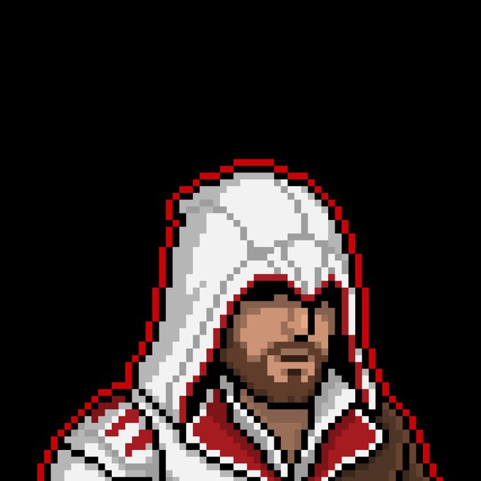 Pixel art sprite of a hooded warrior character with a red and white outfit and headwrap on a black background, outlined in red.
