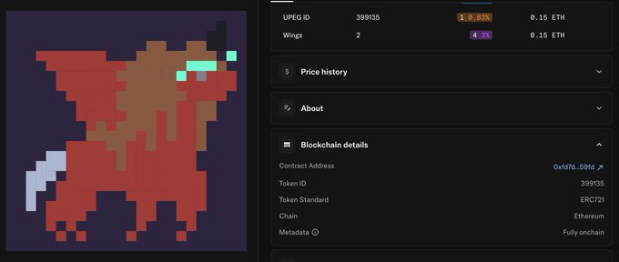 A pixel art dragon from a CryptoPunk-style NFT (UPEI ID 399135, 2 Wings, 0.15 ETH) is displayed alongside its blockchain details showing ERC721 token standard, Ethereum chain, and "Fully onchain" metadata—directly supporting the post's taunt to OpenSea about the importance of being fully onchain.