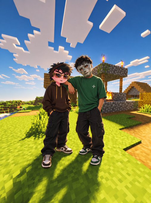 Two people pose together in a Minecraft-themed 3D rendered environment, with one wearing a brown hoodie and sunglasses and the other wearing a green shirt and a pixelated face mask.