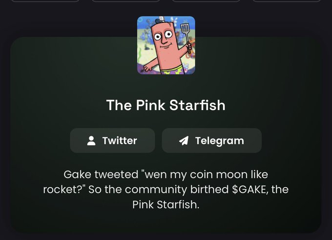 A crypto project profile for 'The Pink Starfish' ($GAKE), showing social media links for Twitter and Telegram, with a description explaining how the community created the token after Gake tweeted 'wen my coin moon like rocket?'.
