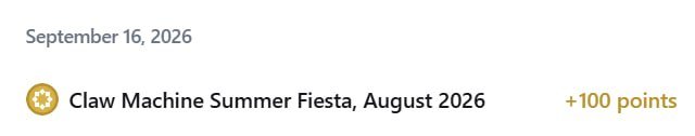 Loyalty/rewards notification dated September 16, 2026, showing 'Claw Machine Summer Fiesta, August 2026' with +100 points earned.