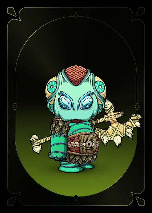 Illustration of a stylized turquoise fish-like creature adorned with tribal gear, feathers, and a red scaled headpiece on a dark background.