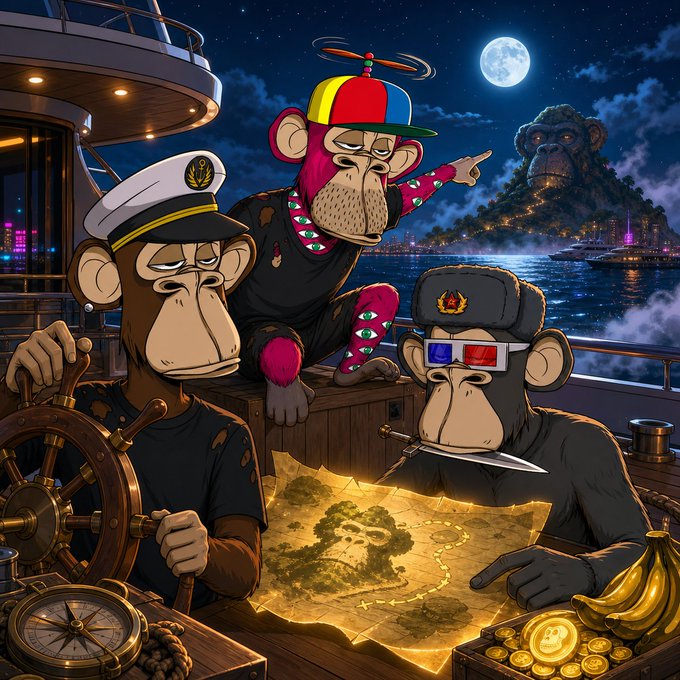 The image features three monkeys sitting around a table with a map of an island on it. One monkey is holding a compass while another holds a knife. The third monkey has a hat on that says "Ape Island". The background shows a boat, suggesting they are preparing for a journey to the island.