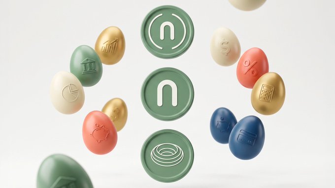 A 3D render of colorful Easter-egg-shaped coins featuring financial, banking, and percentage symbols arranged around central green coins with arch logos, likely representing crypto tokens.