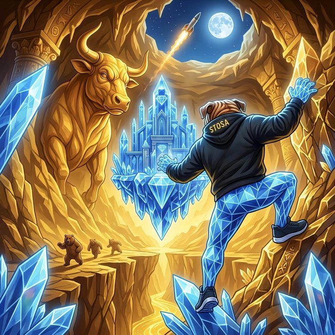 Fantasy artwork of a bulldog wearing a "STOSA" hoodie and blue geometric pants, reaching toward a crystal castle inside a golden cave with a giant bull sculpture.