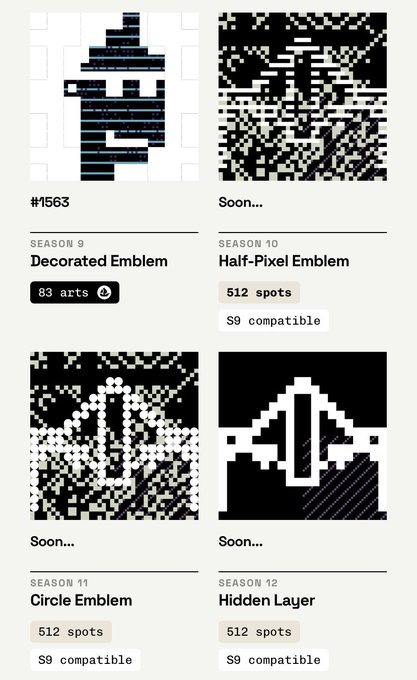 A screenshot showing various NFT emblem designs including 'Decorated Emblem' (#1563, 83 arts) and upcoming seasonal designs like 'Half-Pixel Emblem', 'Circle Emblem', and 'Hidden Layer'.