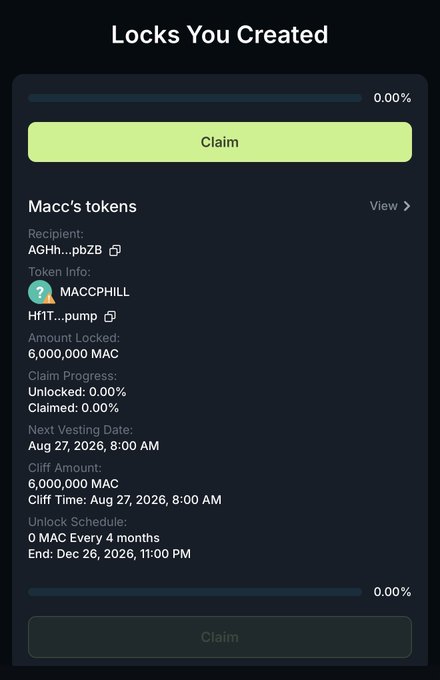A "Locks You Created" dashboard displays details for Macc's MACCPHILL token lock, showing 6,000,000 MAC locked with a cliff ending Aug 27, 2026, and 0.00% claimed—consistent with the post announcing another 6 million MACCPHILL tokens locked.