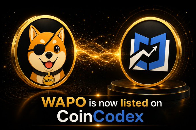 Cryptocurrency promotional graphic stating "WAPO is now listed on CoinCodex" featuring a Shiba Inu mascot coin on the left and the CoinCodex logo on the right with golden energy waves between them.