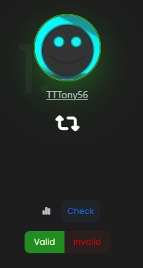 A mobile app screen displays a cyan smiley face avatar for user 'ITTony56' with validation buttons labeled 'Check', 'Valid', and 'Invalid'.