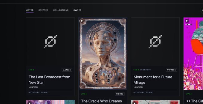 A dark-themed NFT or digital art marketplace interface showing a 'LISTED' tab with featured artworks, including 'The Last Broadcast from New Star', 'The Oracle Who Dreams', and 'Monument for a Future Mirage'.