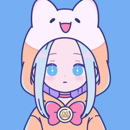 An anime-style illustration of a character with light blue hair wearing an orange hoodie with a white bear hood, featuring a pink bow with an 'M' emblem.