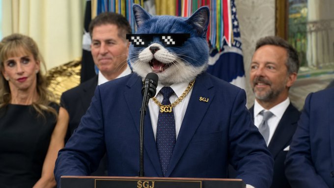 A figure wearing a blue suit, gold "SGJ" chain and pin, and "thug life" pixel sunglasses stands at a podium marked "SGJ," flanked by others in a formal room, with the caption framing them as a "BIG crypto guy."
