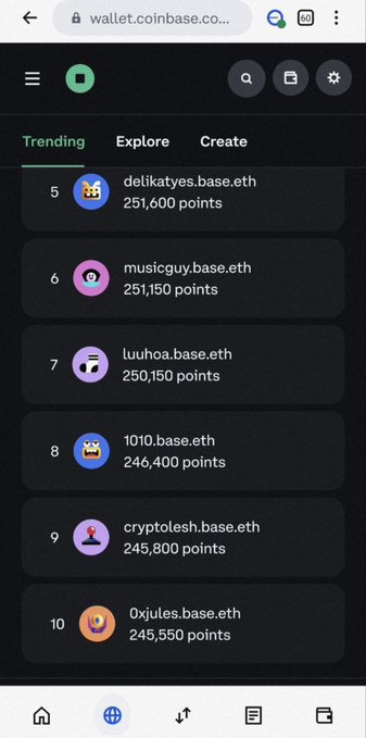 The image shows a phone screen displaying a list of numbers with various descriptions for each number. The text indicates that there are currently 10,000 points at this particular account. This information suggests that the user's account has gained significant value or popularity compared to traditional growth metrics like page views and time spent on site. It could be due to factors such as engagement, recommendations, or a strong network effect within the Base community.