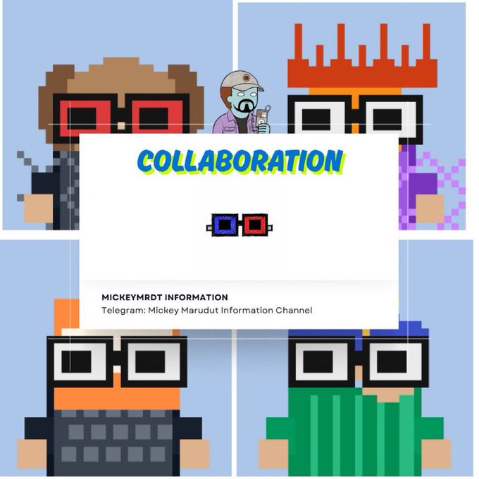 A pixel-art graphic for "MICKEYMRDT INFORMATION" with "COLLABORATION" text shows four stylized pixel characters with 3D glasses and a Telegram channel link.