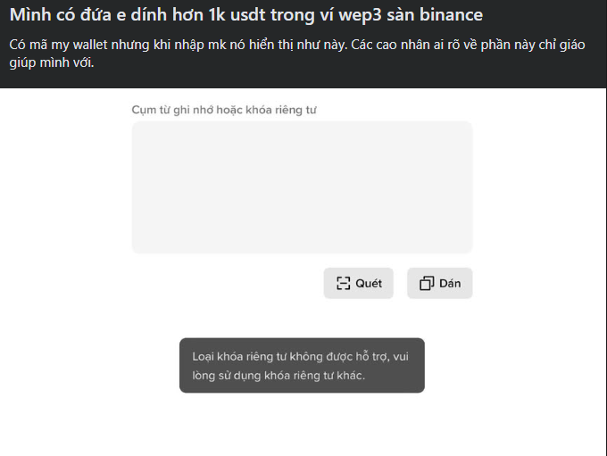 Binance support page in Vietnamese asking for a seed phrase or private key to recover access to Web3 wallet funds, displaying a warning that private keys cannot be recovered.