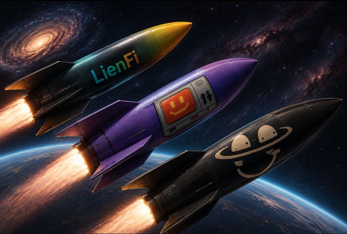 Three rockets blast off into space, each emblazoned with branding for "$LienFi" (LFI), a retro TV-smile logo (BNKR), and a black rocket (DRB), symbolizing the tickers $BNKR, $DRB, and $LFI "going to the moon" as referenced in the post.