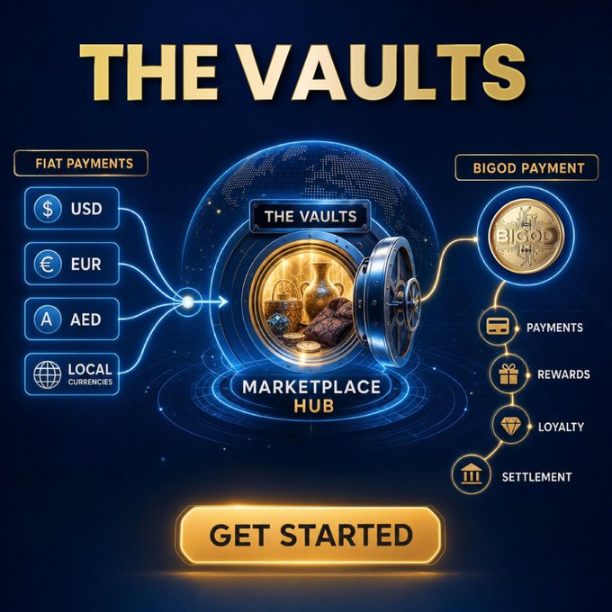 A dark blue promotional infographic titled 'THE VAULTS' showing a digital marketplace hub connecting fiat payments (USD, EUR, AED) to Bigod payment features like rewards and loyalty.