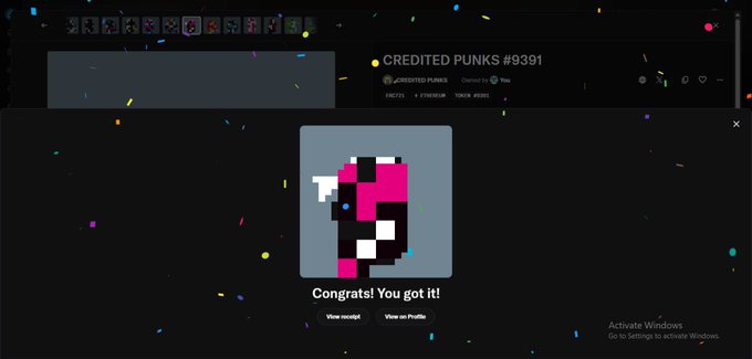 A celebratory screen showing the acquisition of a 'CREDITED PUNKS #9391' NFT, featuring a pixelated character with pink, black, and white colors and confetti effects.