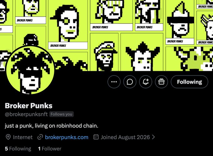 A Twitter profile page for 'Broker Punks' (@brokerpunksnft) with the bio 'just a punk, living on robinhood chain.'