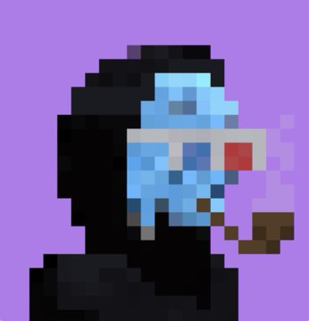 A pixel art illustration of a figure wearing a blue and white cap smoking a pipe, set against a solid purple background.
