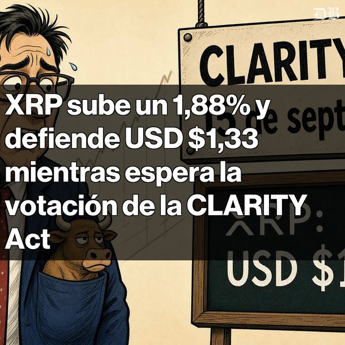 An illustration of a stressed man with a bull mascot next to a CLARITY Act sign, overlaid with text: 'XRP sube un 1,88% y defiende USD $1,33 mientras espera la votación de la CLARITY Act'.