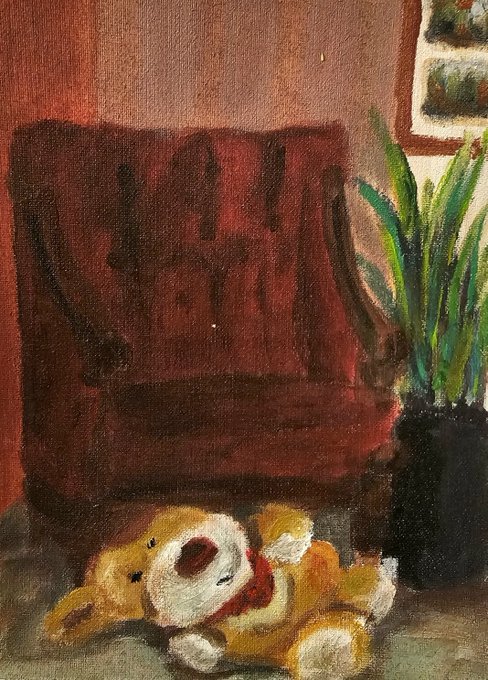 A painting depicts a worn teddy bear lying on the floor next to a dark red armchair and a potted plant with long green leaves.