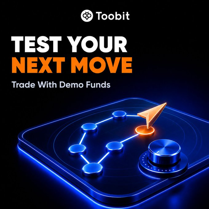 The image is a promotional graphic for Toobit featuring the text "TEST YOUR NEXT MOVE - Trade With Demo Funds" alongside a stylized 3D illustration of a smartphone displaying a connected trading interface with glowing blue nodes and an orange cursor arrow. It visually reinforces the post's message by depicting a risk-free practice trading environment, highlighting Toobit's Instant Demo feature with 10,000 USDT in demo funds.