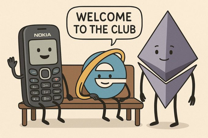 The image features a cartoonish scene with three anthropomorphic objects - a cell phone, a computer mouse, and an ethernet cable. They are sitting together on a bench, seemingly posing for a picture. The text "Goodbye Ethereum" is written above them in white letters, indicating the end of the Ethereum project or the transition from one technology to another.

The image also includes a caption that reads "Welcome to the club". This phrase is accompanied by an illustration of a globe and a planet, which are part of the "Welcome to the club" speech bubble. The objects in the image appear to be anthropomorphized with human-like features such as facial expressions and body language, making them seem more relatable and engaging for viewers.