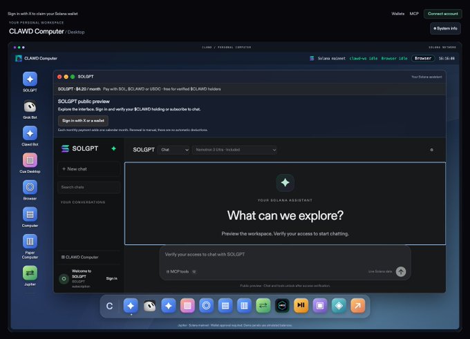 Screenshot of the CLAWD Computer workspace showing the SOLGPT desktop application with the message 'What can we explore?' displayed as the Solana assistant greeting.